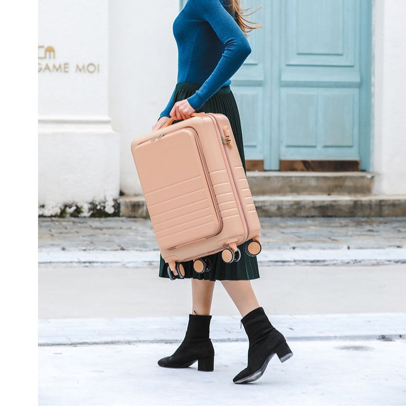 carry-on hardshell front-pocket spinner suitcase with quick-access compartment telescopic handle and smooth full-rotation wheels Stornfield