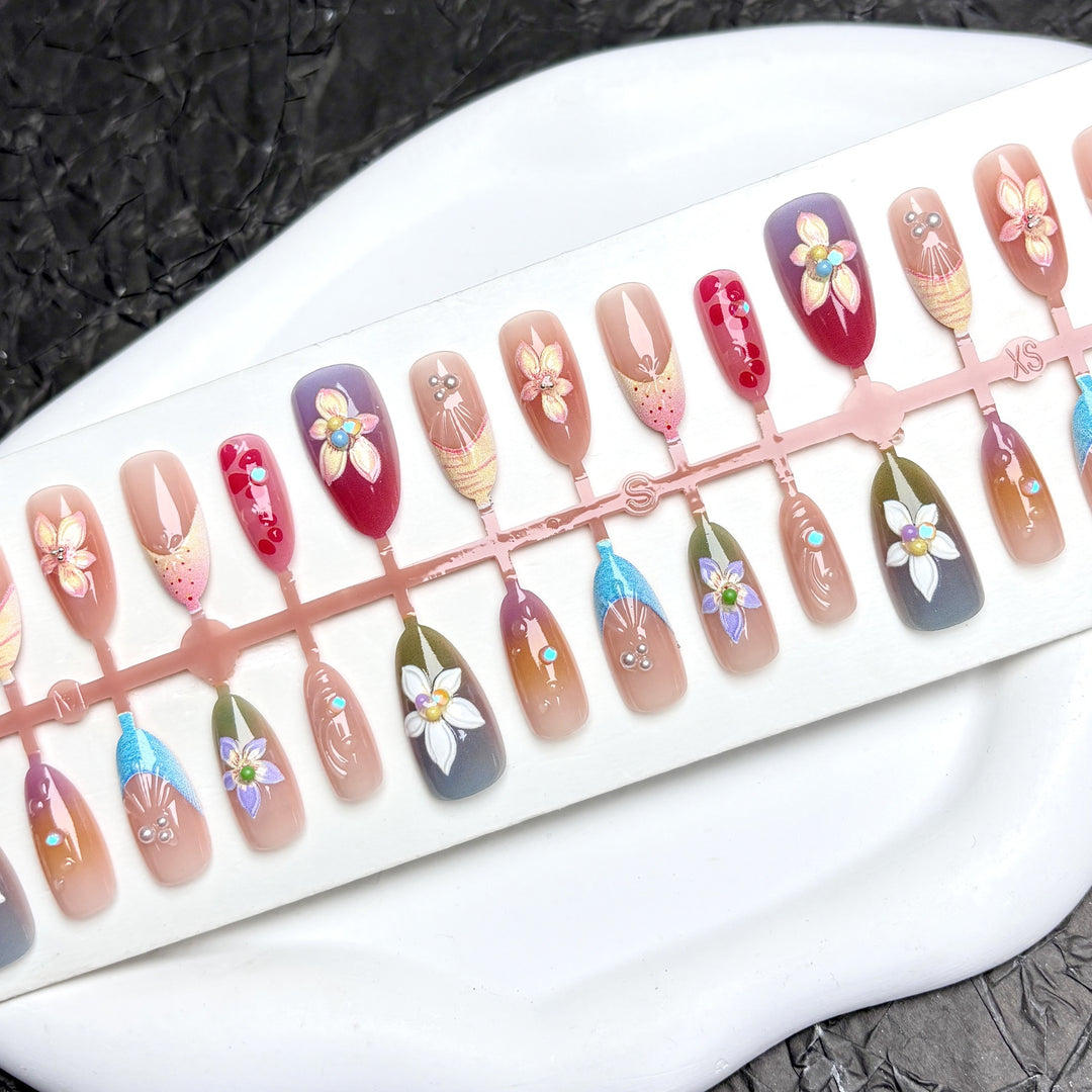 Floral Press-On Nail Art Set with Gem Accents
