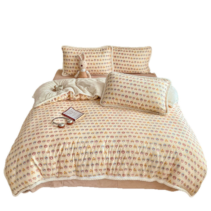 Plush Reversible Sherpa Duvet Cover Set with Quilted Waffle Comforter and Scalloped Pillow Shams