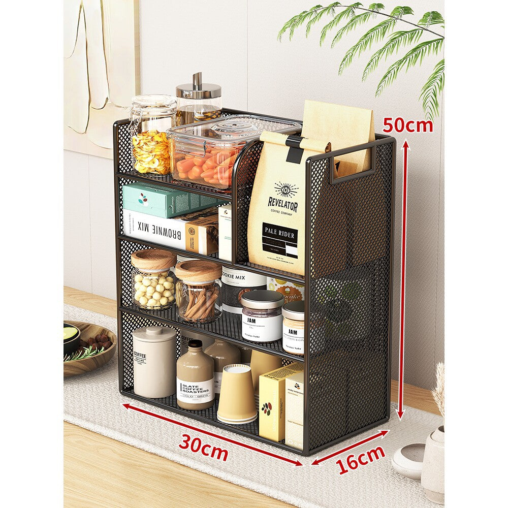 Metal Mesh Countertop Pantry Organizer with Multi-Tier Shelves and Vertical Bag Compartment