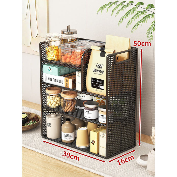 Metal Mesh Countertop Pantry Organizer with Multi-Tier Shelves and Vertical Bag Compartment