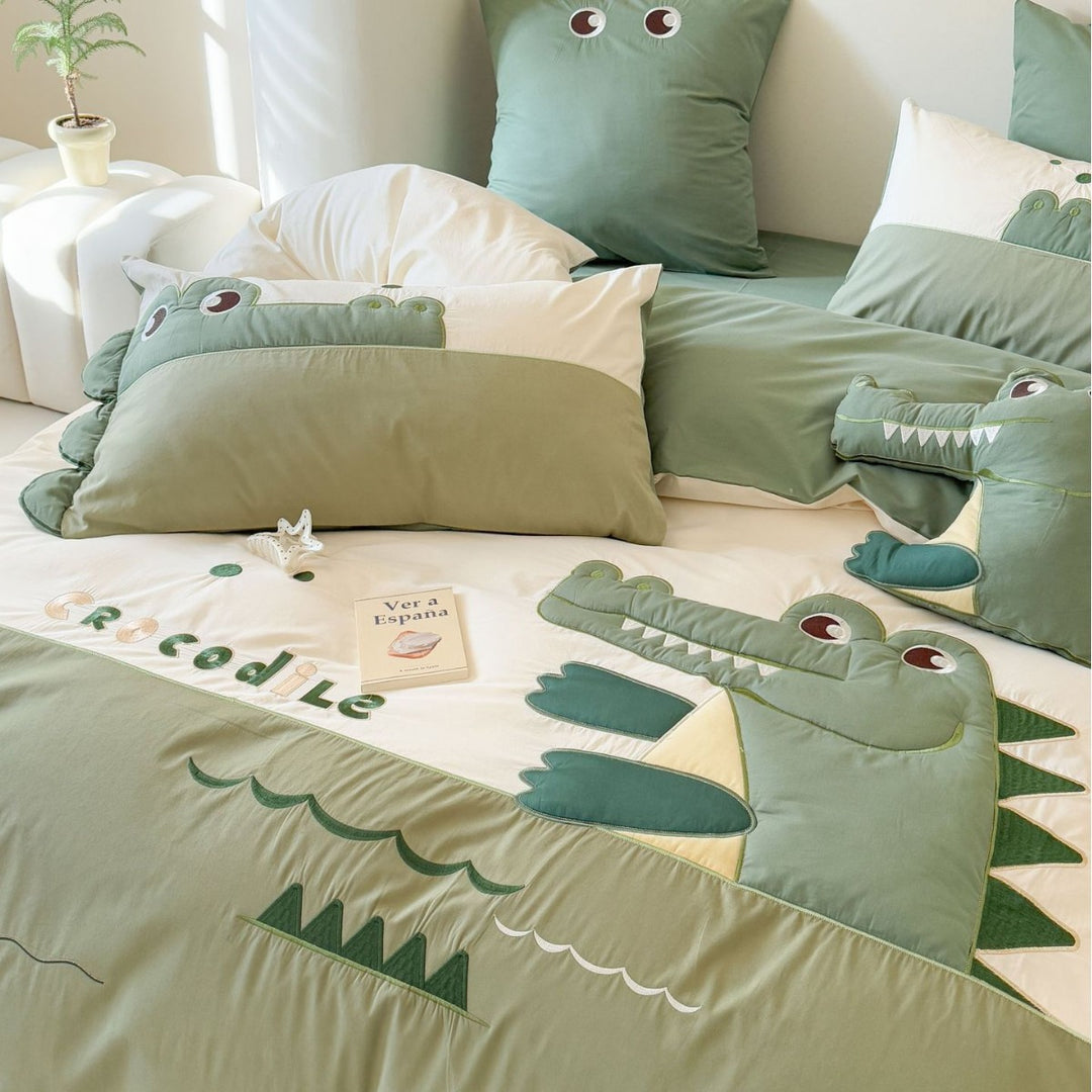 Crocodile Appliqué Cotton Duvet Cover Bedding Set with Plush Accent Pillow