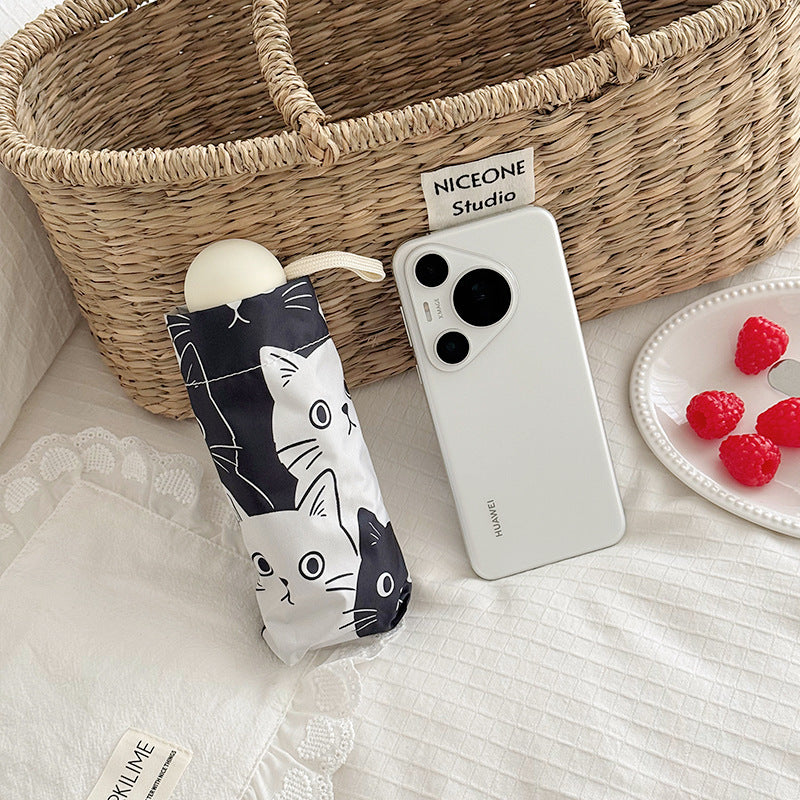 Women Folding Umbrella with Playful Cat Pattern Stornfield