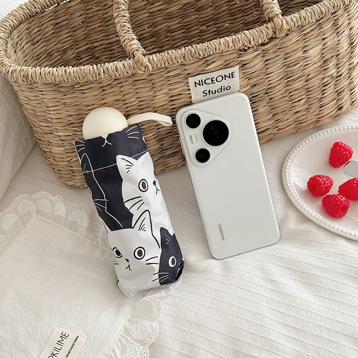 Women Folding Umbrella with Playful Cat Pattern Stornfield