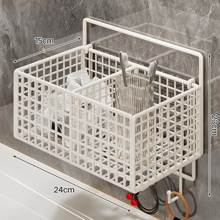Wall-Mounted Metal Grid Bathroom Caddy with Triple Compartments Hooks and Drainable Base
