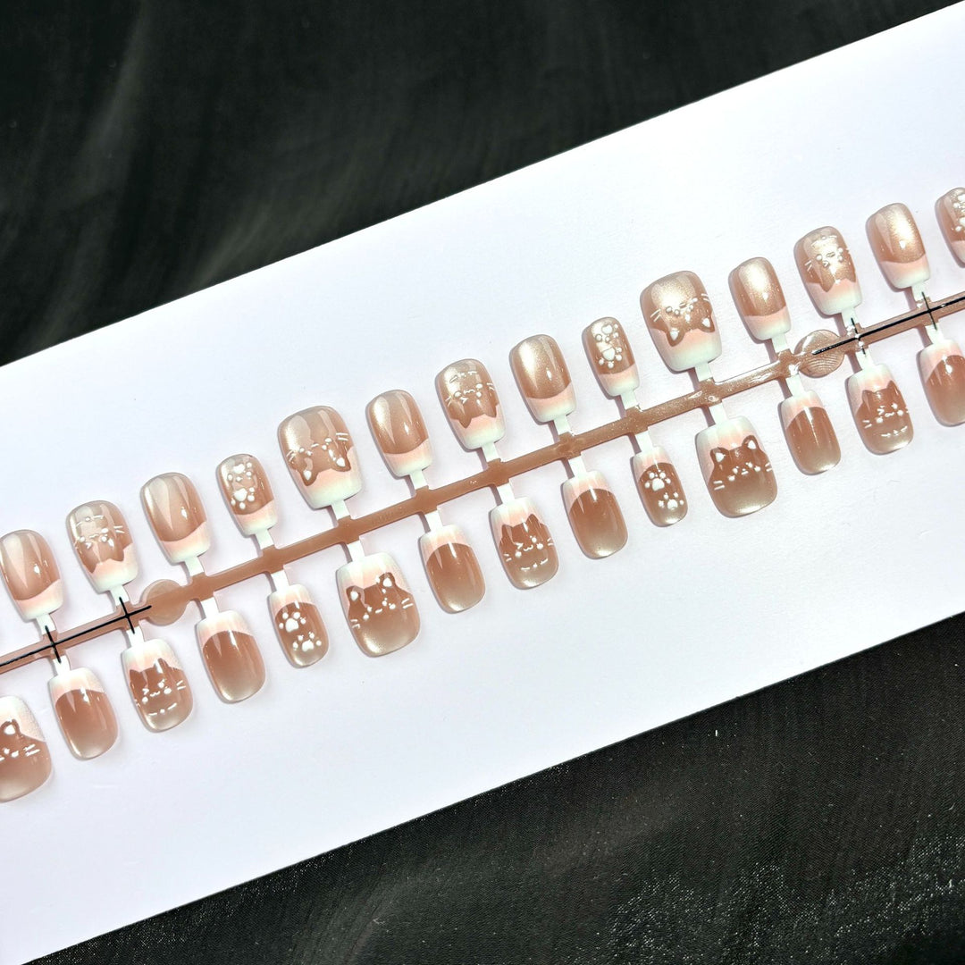 Artistic Press-On Nail Set with Whimsical Cat Designs