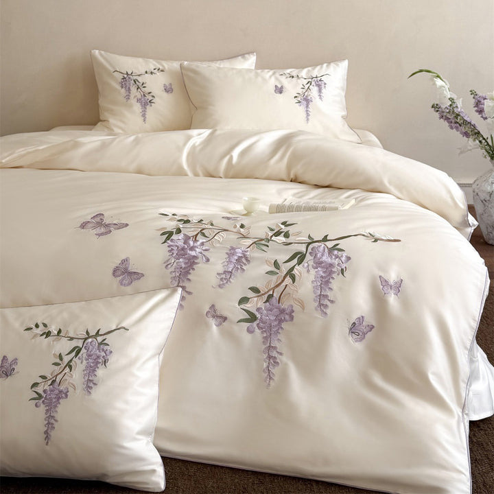Embroidered Botanical Satin Duvet Cover Set with Delicate Wisteria Motif