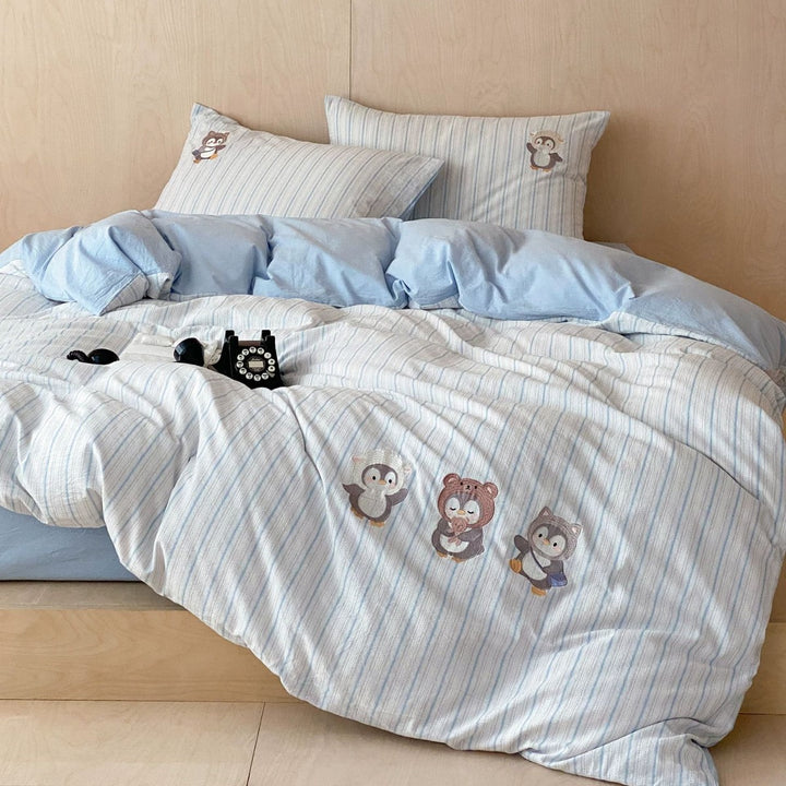 Striped Cotton Duvet Cover Set with Appliqué Cartoon Animal Embroidery