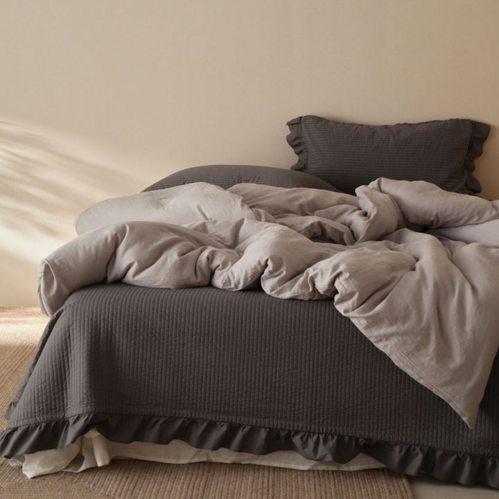 Reversible Washed Cotton Duvet Cover Set with Ruffled Edge and Plush Down-Alternative Comforter