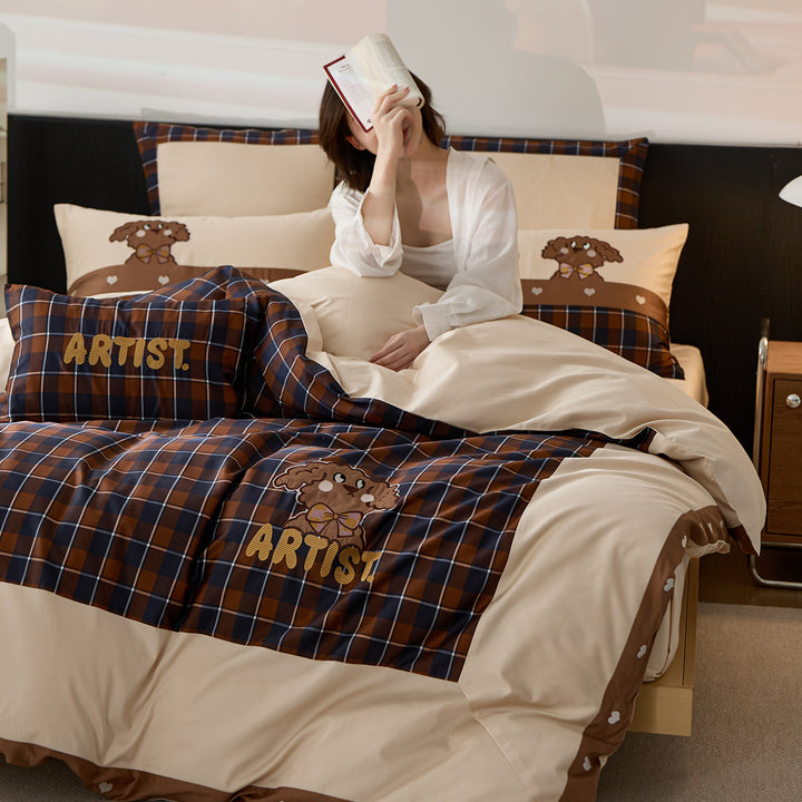 Plaid Cotton Sateen Duvet Cover Set with Embroidered Cartoon Dog and Matching Pillow Shams
