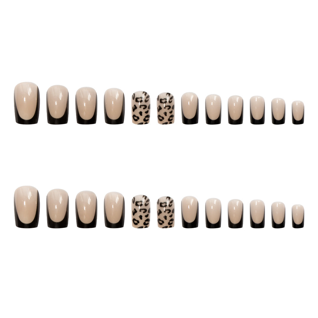 Artificial nail set with elegant leopard motif and black French design Stornfield