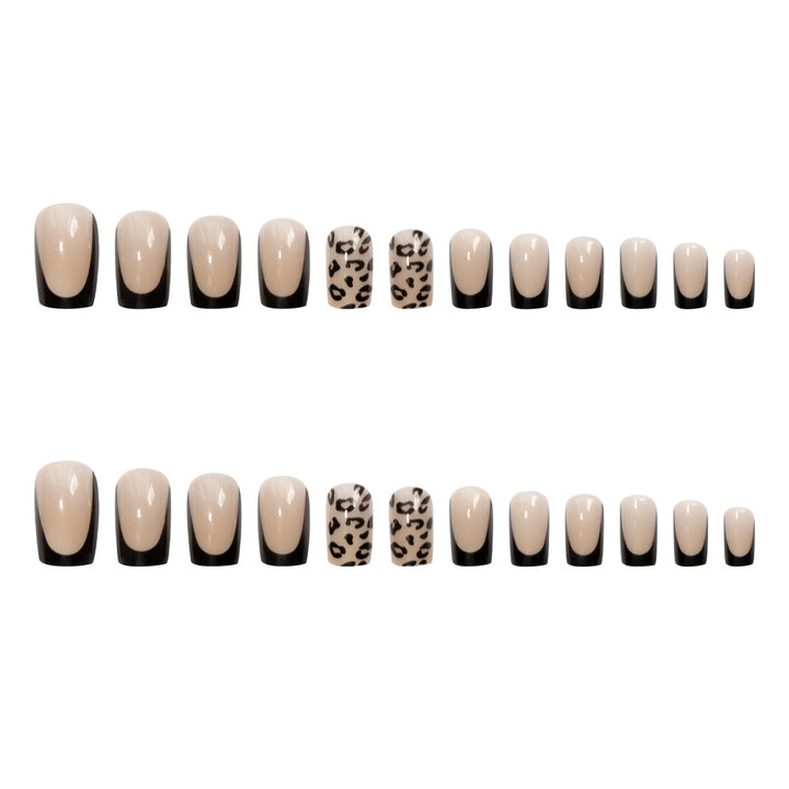 Artificial nail set with elegant leopard motif and black French design Stornfield