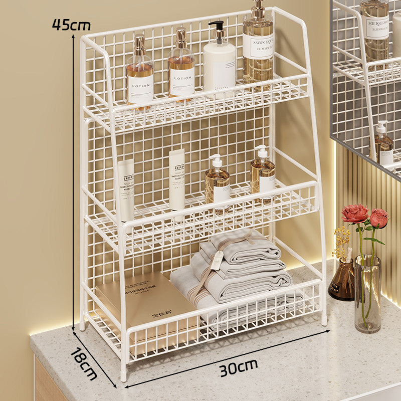 Angled Desktop Mesh Vanity and Countertop Organizer with Three Wire-Tier Baskets and Grid Back