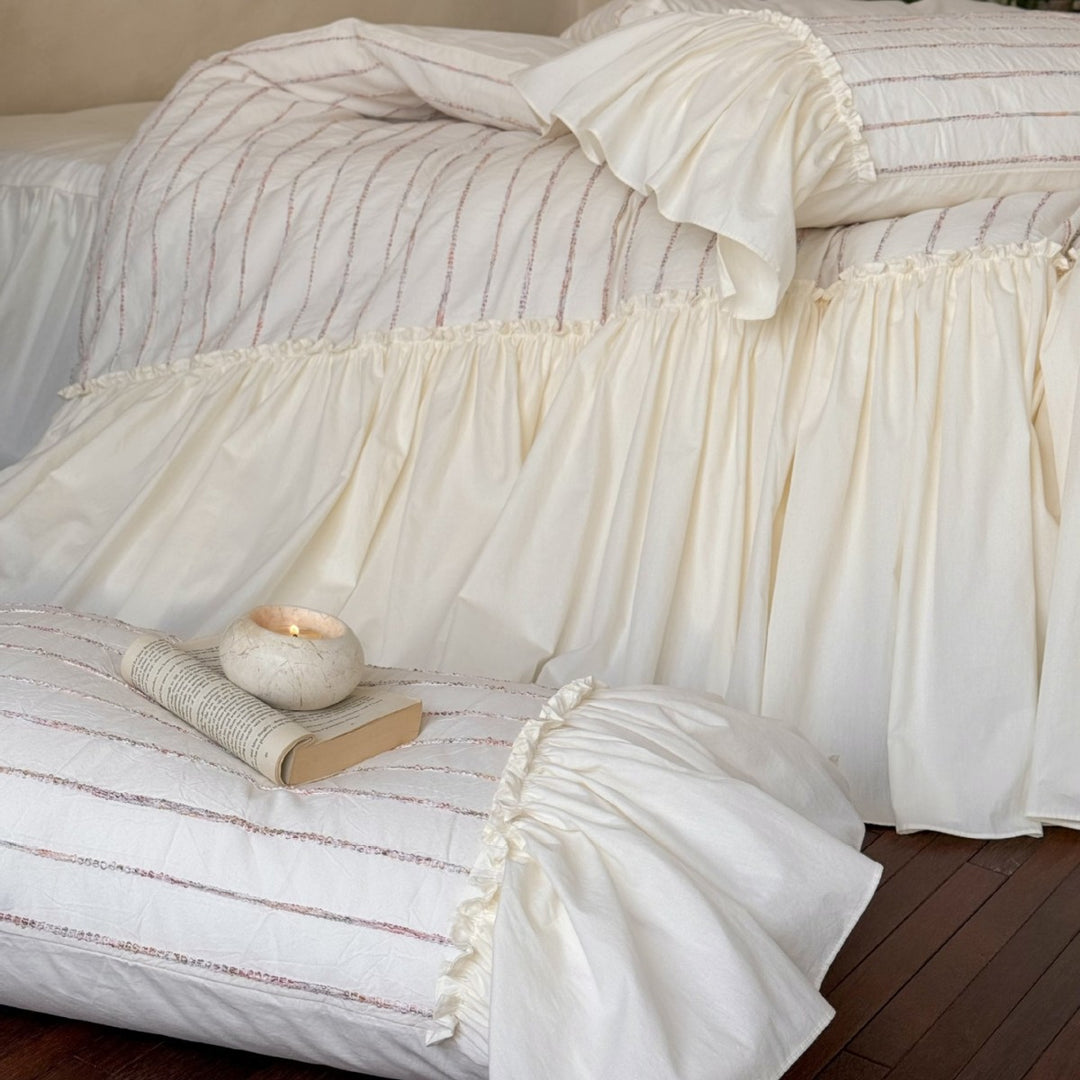 Ruffled Gathered Duvet Cover Set with Pleated Accent Pillowcases and Skirted Hem