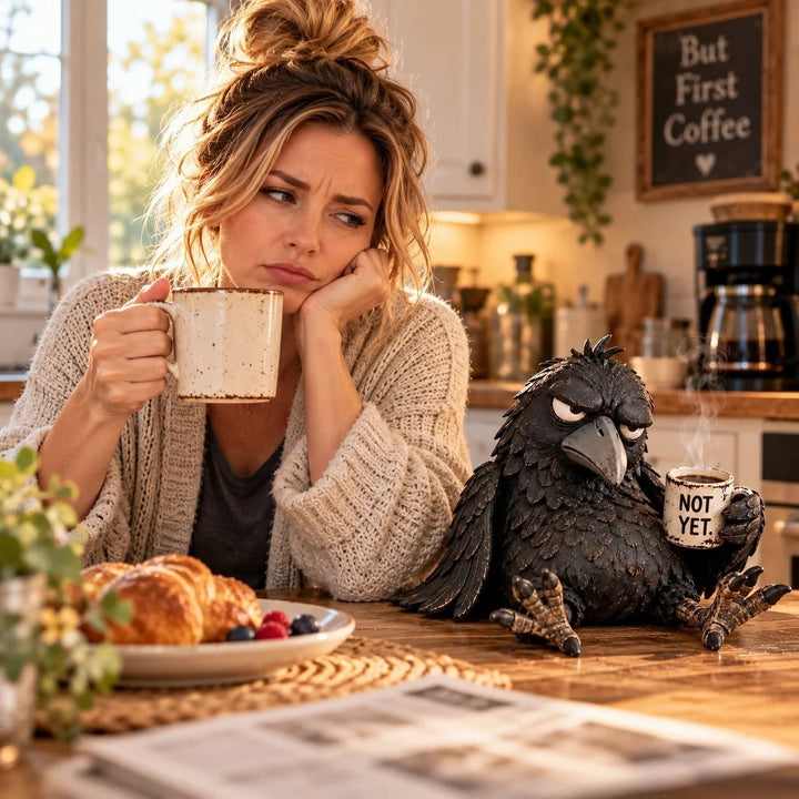 Quirky Raven Sculpture with Coffee Cup Stornfield