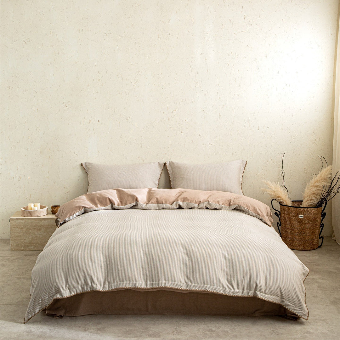 Stonewashed Linen-Blend Textured Stripe Duvet Cover Set with Reversible Corduroy Finish