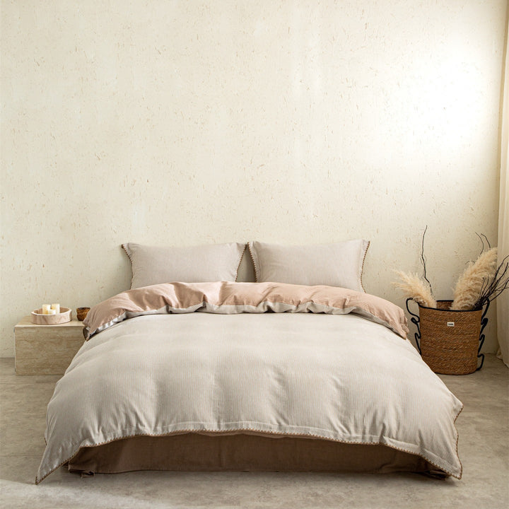 Stonewashed Linen-Blend Textured Stripe Duvet Cover Set with Reversible Corduroy Finish