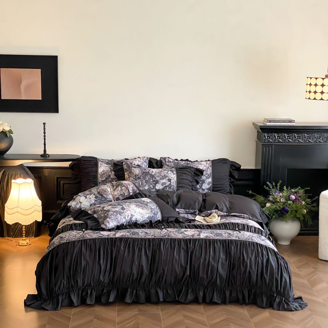 Romantic cotton satin bedding set with ruffles, quilted bedspread and decorative pillow