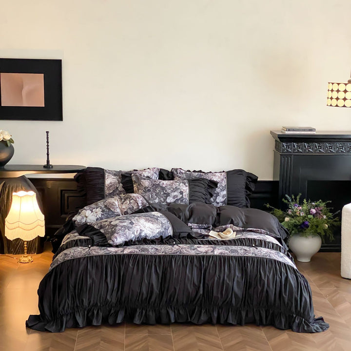 Romantic cotton satin bedding set with ruffles, quilted bedspread and decorative pillow