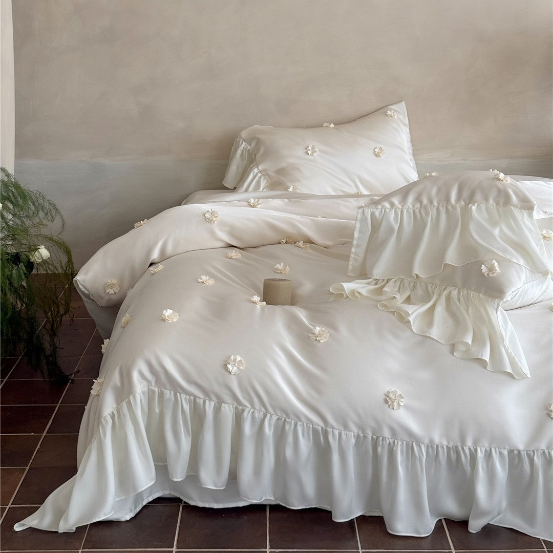 Ruffled Satin-Feel Floral Appliqué Duvet Cover Set with Decorative Shams