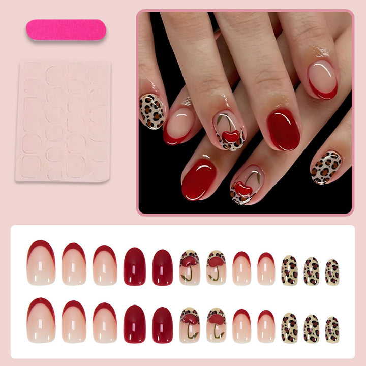 Artificial nail set with trendy leopard and cherry designs Stornfield