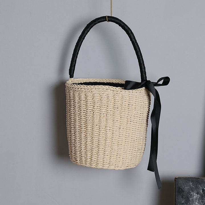 Handwoven basket bag with decorative fabric ribbon Stornfield