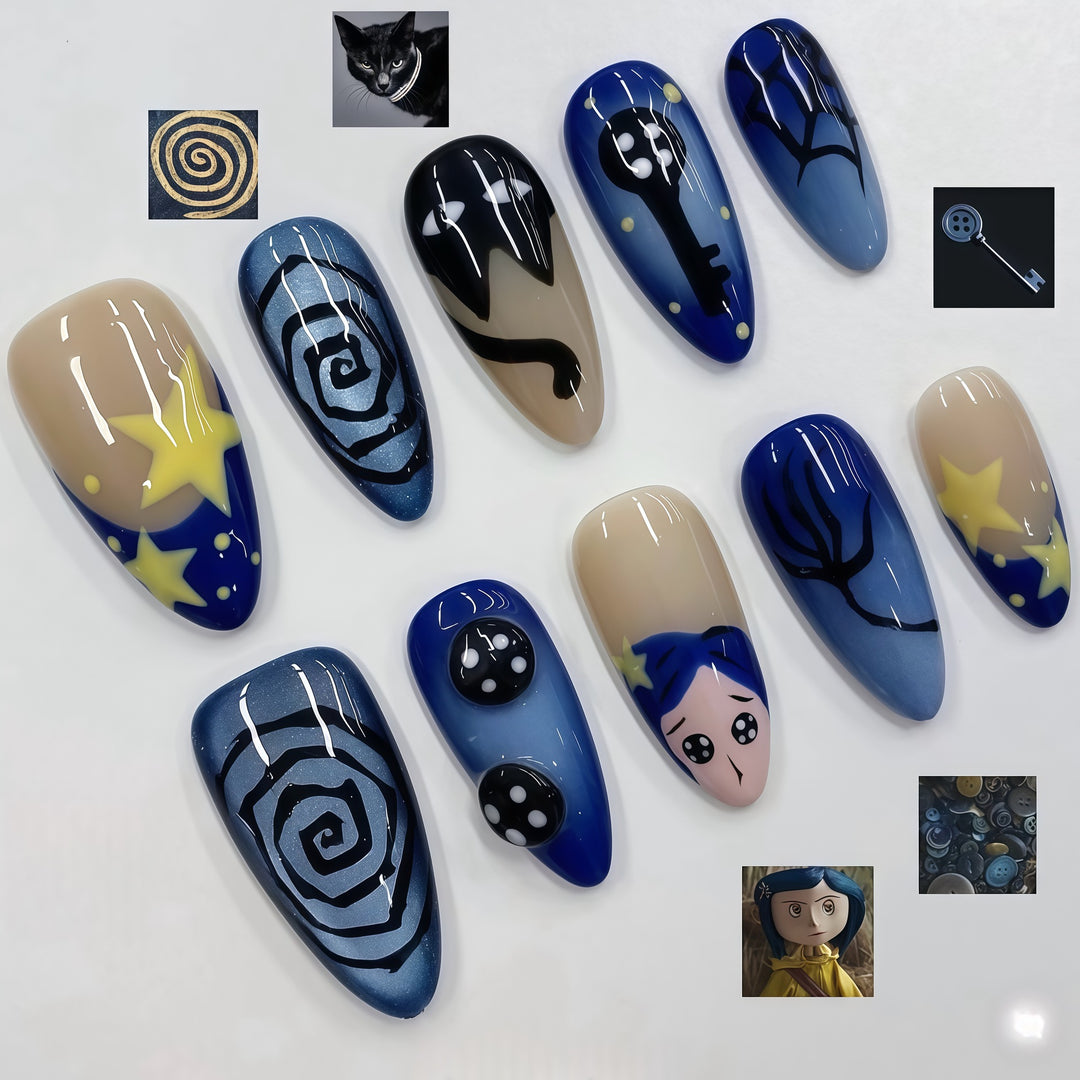 Artistic Press-On Nail Art Set with Celestial Motifs