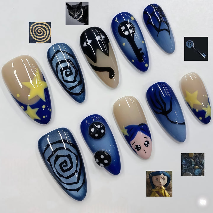 Artistic Press-On Nail Art Set with Celestial Motifs