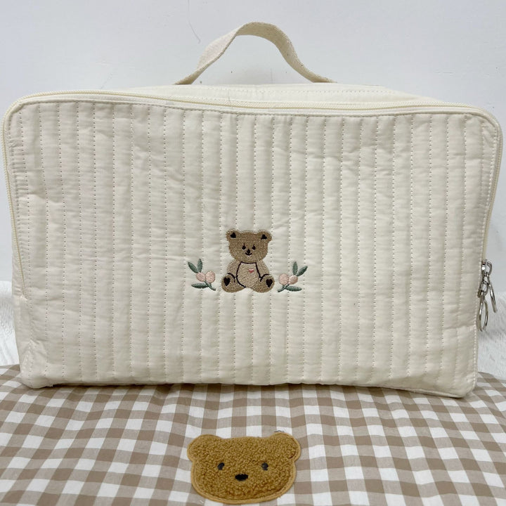 Quilted Portable Baby Mattress Carry Case with Handle and Embroidered Fruit Motif