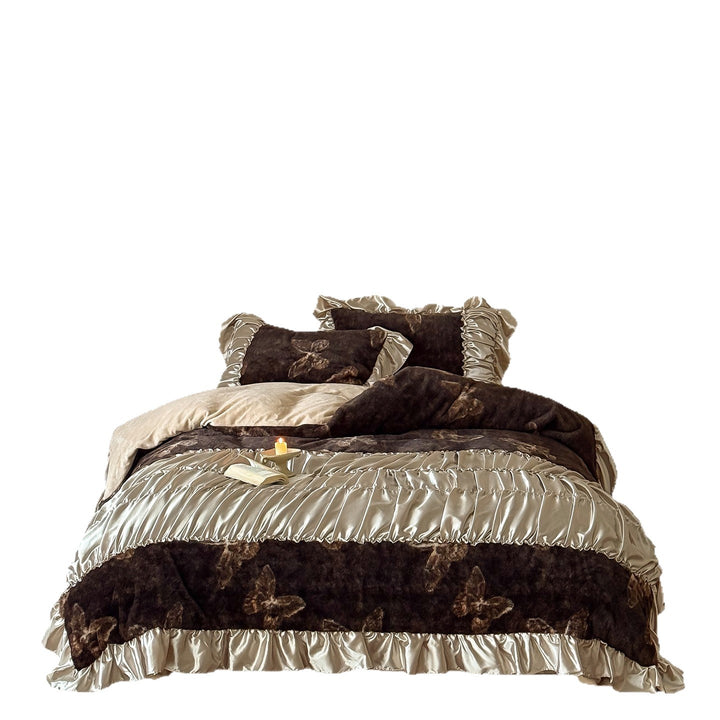 Luxurious Faux-Fur and Satin Ruffled Reversible Duvet Cover Set