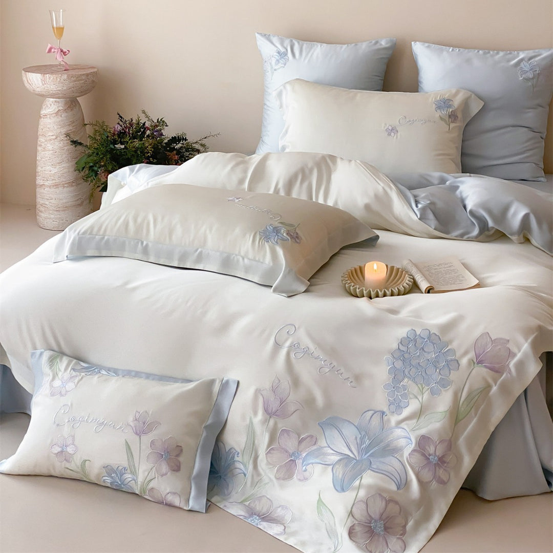 Botanical Embroidered Satin-Blend Duvet Cover Set with Pillow Shams