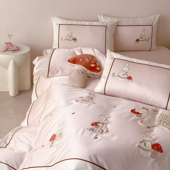Children's Embroidered Bunny and Mushroom Cotton Sateen Duvet Cover Set