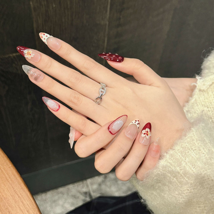 Artistic Press-On Nail Set with Floral and Geometric Design