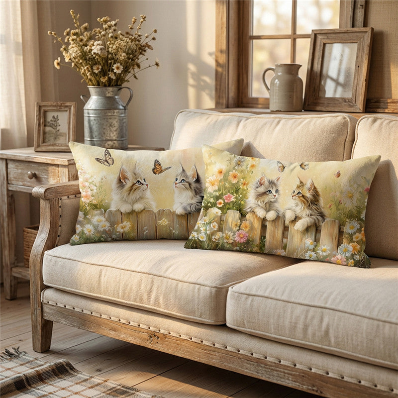 Decorative Rectangular Cotton-Linen Pillow Cover with Kitten Garden Illustration