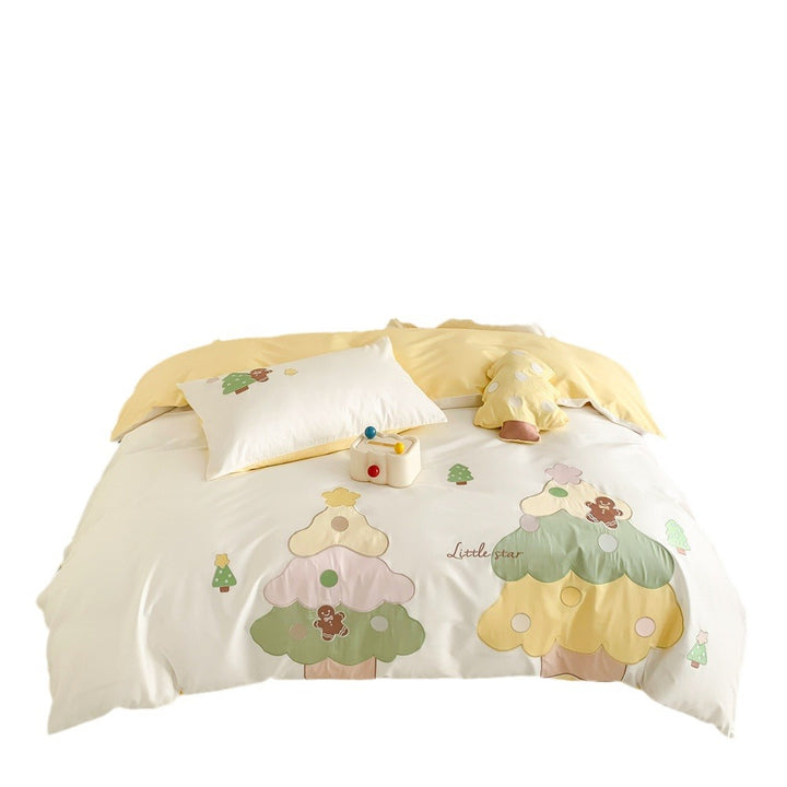 Children's bedding set with playful tree appliqués and soft pillowcases