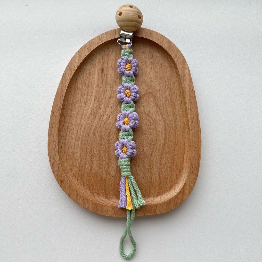 Macramé Flower Pacifier Clip with Wooden Safety Clamp