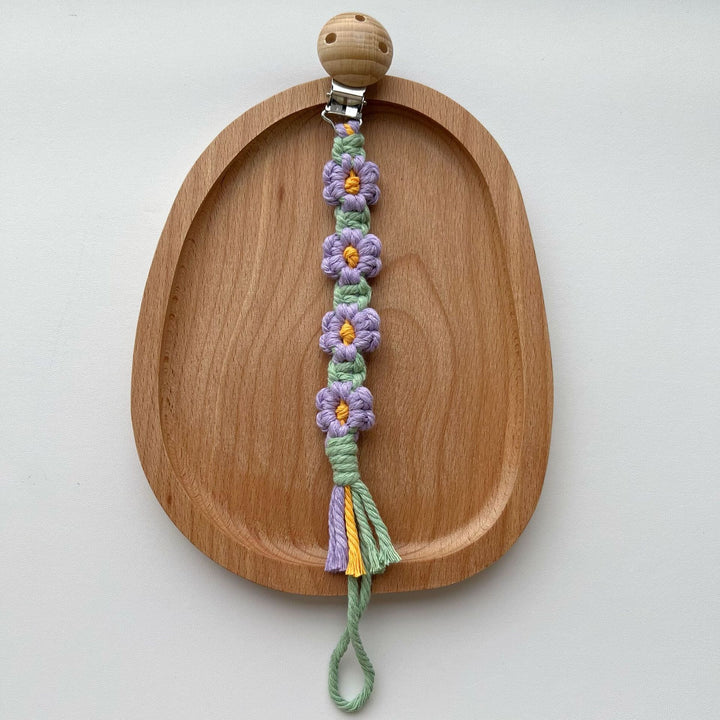 Macramé Flower Pacifier Clip with Wooden Safety Clamp