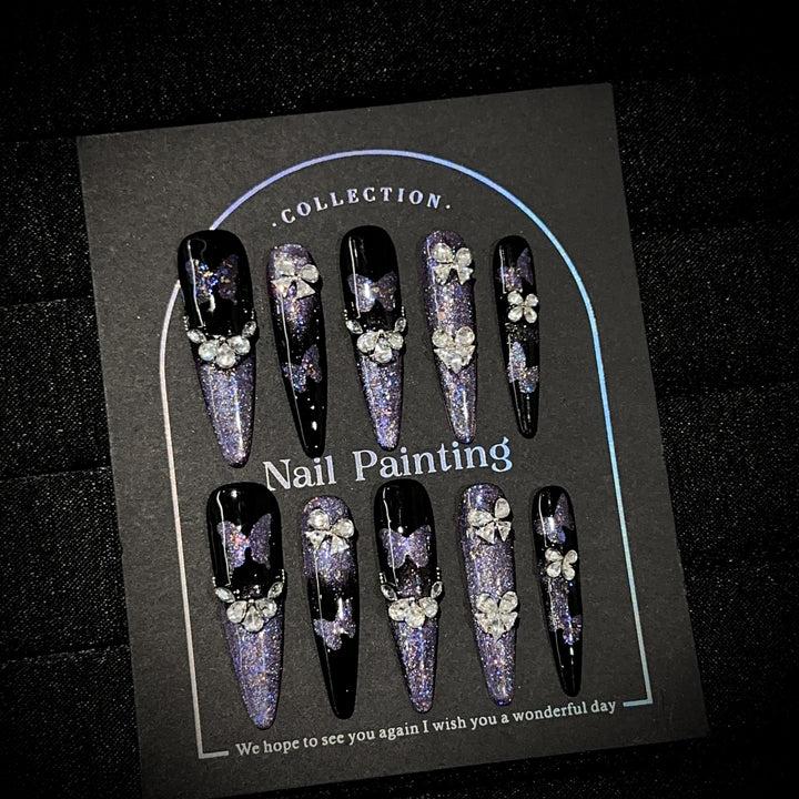 Elegant Stiletto Press-On Nail Art Set with Gemstone Accents