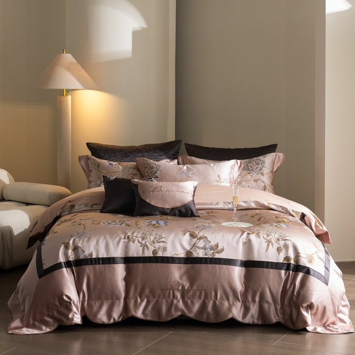 Silky Floral Embroidered Satin Duvet Cover Bedding Set with Scalloped Hem & Pillow Shams