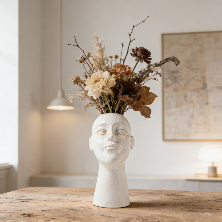 Hand-glazed contemporary sculptural head plant vase with narrow neck