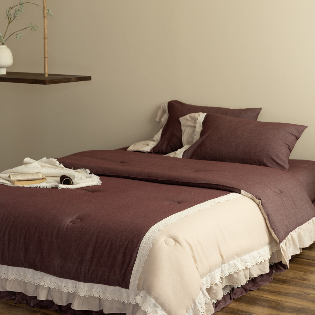 Ruffled Lace-Trimmed Linen Duvet Cover & Tufted Comforter Set