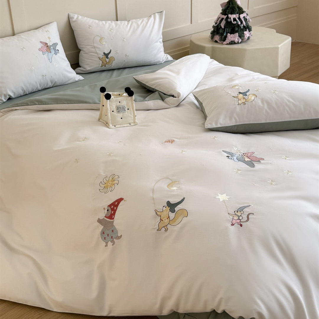 Kids Storybook Embroidered Duvet Cover Set with Percale Cotton and Corner Ties