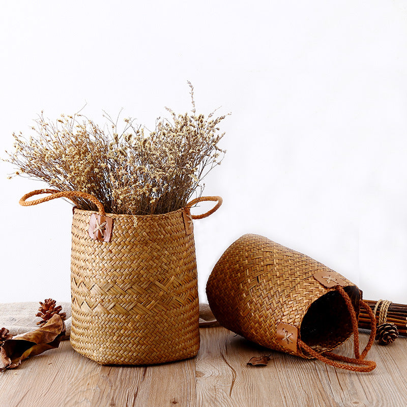 Unisex Handwoven Storage Basket with Leather Handles Stornfield