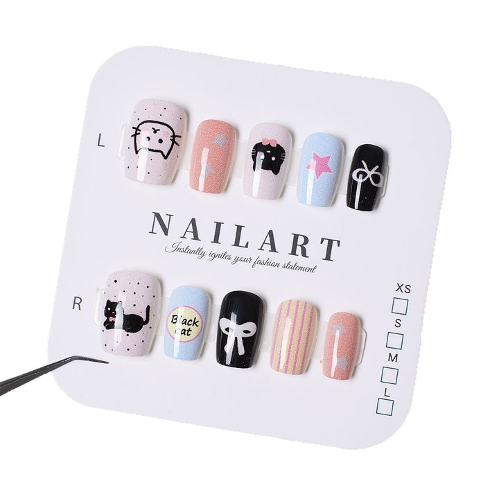 Playful Cat-Themed Press-On Nail Set Stornfield