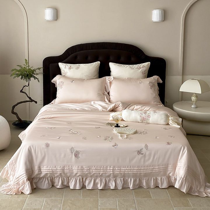 Satin-Effect Embroidered Rose Duvet Cover Set with Ruffled Hem & Decorative Shams