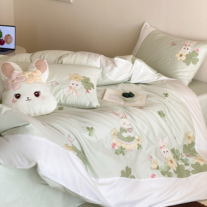 Embroidered Bunny Cotton Sateen Duvet Cover Set with Pillow Shams and Plush Accent Cushion