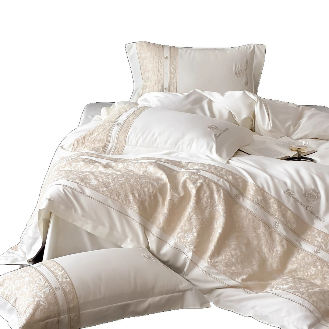Luxury Embroidered Satin Sheet Set with Jacquard Border and Decorative Pillow Shams