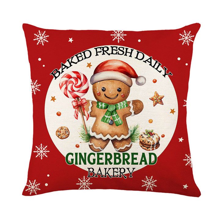 Festive Christmas Linen-Texture Square Cushion Cover with Merry Christmas Gingerbread Pattern