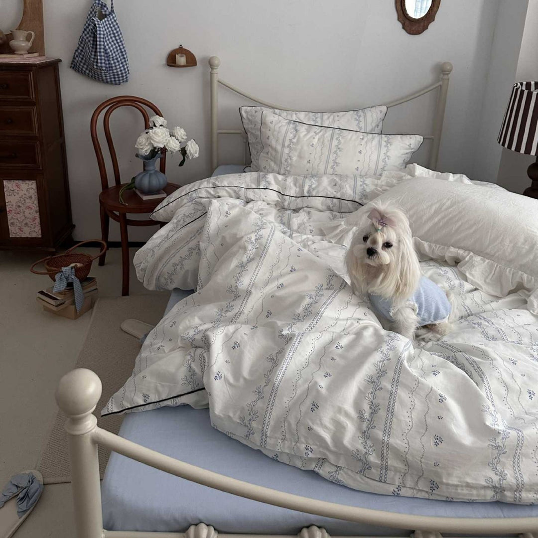 Cotton Sateen Floral-Stripe Duvet Cover Set with Contrast Piping and Ruffled Shams
