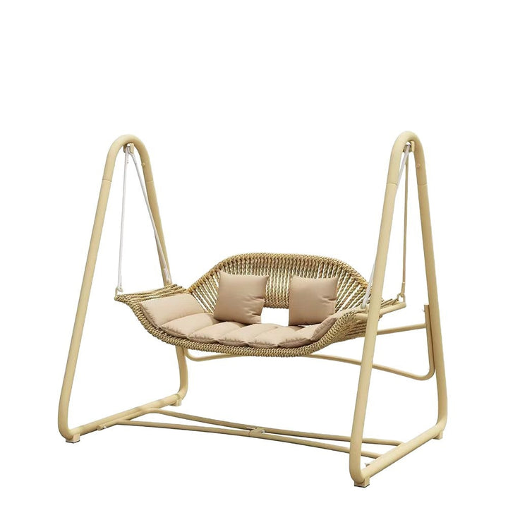 Woven rattan outdoor swing loveseat with padded cushions and powder-coated steel frame Stornfield